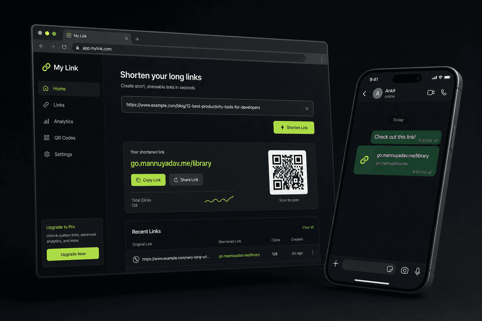 My Link app showing URL shortening on desktop and mobile